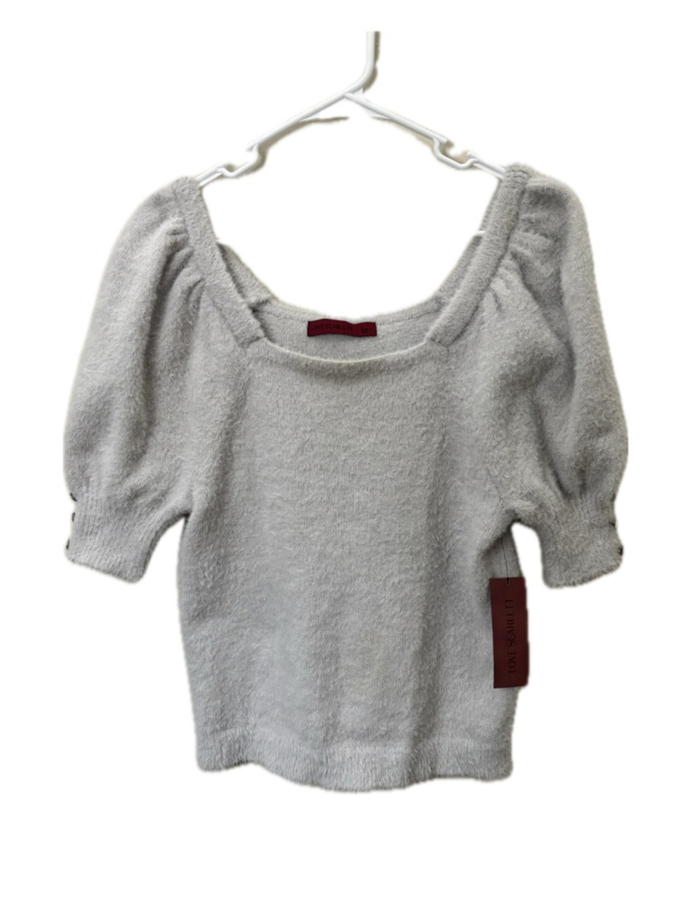 Love Scarlett Fuzzy Knit Puff Sleeve Sweater Top Silver Size L NWT